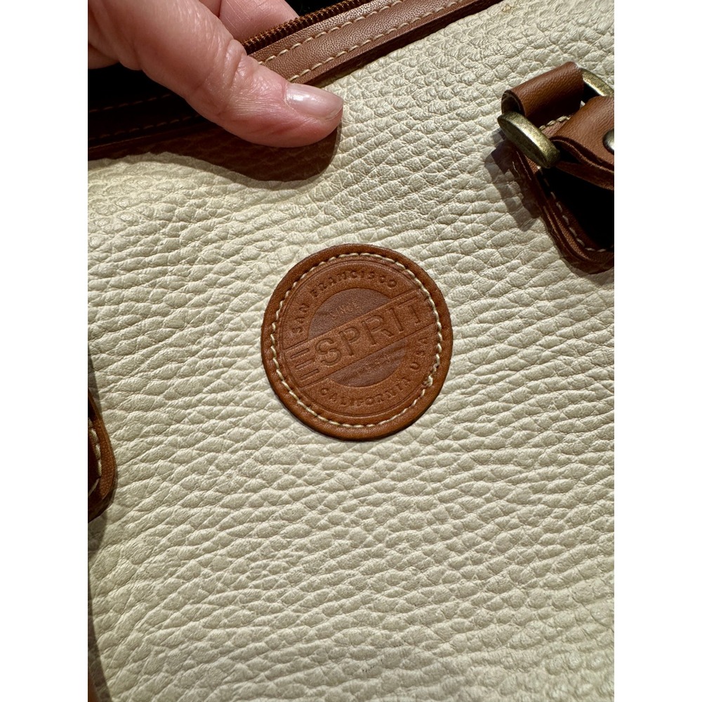 Esprit Cream Pebble Grain Satchel Bag Tan Leather Trim‎ Top Handle - Picture 10 of 10